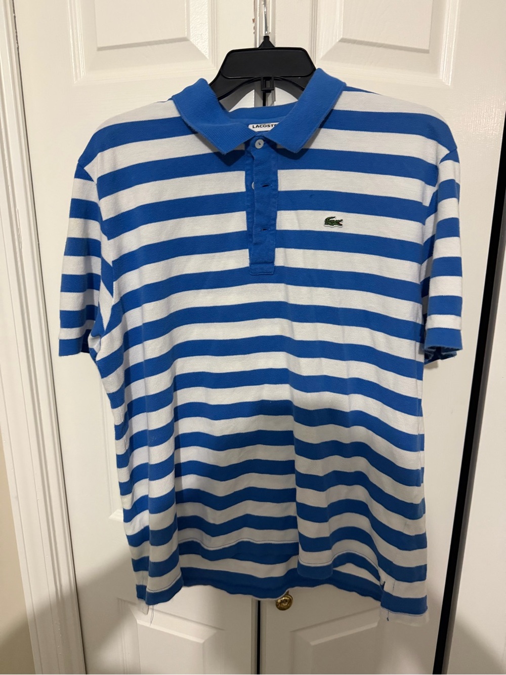 Vintage Lacoste Men's Blue & White Striped Polo Shirt 7